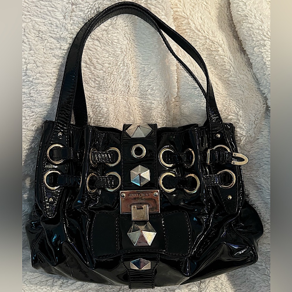 JIMMY CHOO Patent Studded Ramona Bag